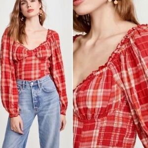 Free People Red Plaid Blouse